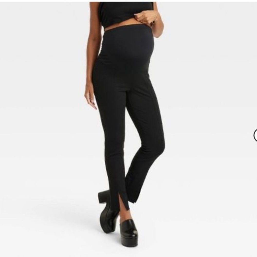 New Isabel Maternity Over Belly Split Front Ponte Maternity Pants Black NWOT